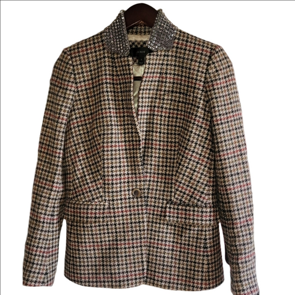 J. CREW "REGENT" Houndstooth Check 100% Wool Blazer, Embellished Collar Size 2 - Picture 3 of 14